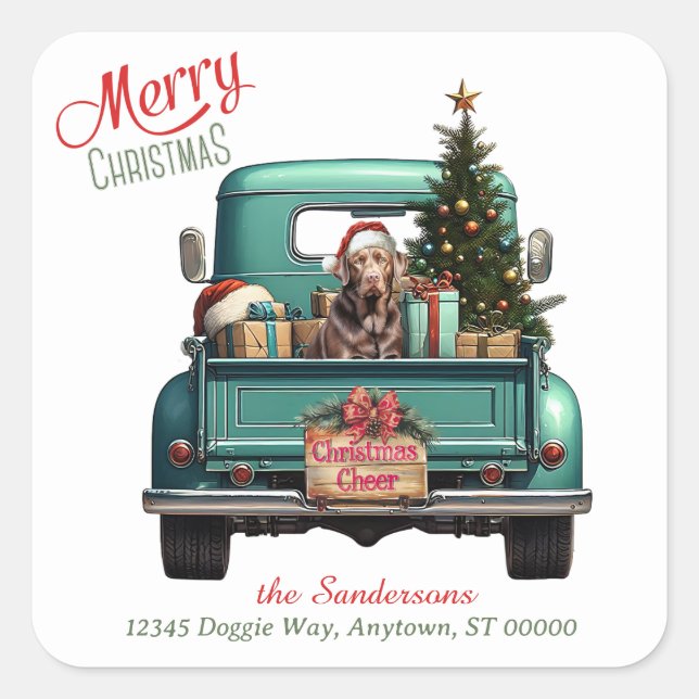 Chocolate Labrador Retriever Retro Truck Christmas Square Sticker (Front)