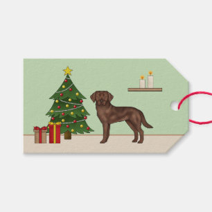 Chocolate Labrador Retriever With Christmas Tree Gift Tags