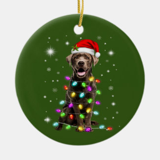 Chocolate Labrador Santa Hat Christmas Fairy Light Ceramic Ornament