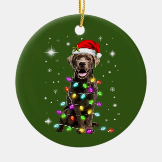 Chocolate Labrador Santa Hat Christmas Fairy Light Ceramic Ornament (Front)