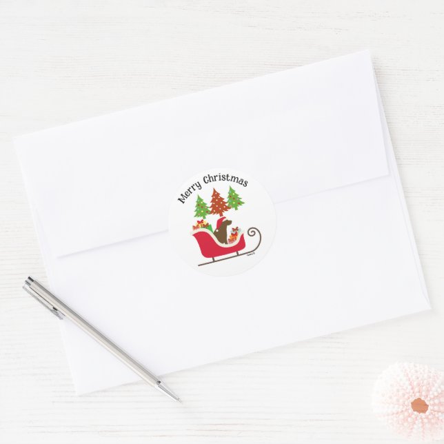 Chocolate Labrador Silhouette Christmas Sleigh Classic Round Sticker (Envelope)