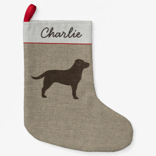 Chocolate Labrador Silhouette   Faux Linen Style Small Christmas Stocking