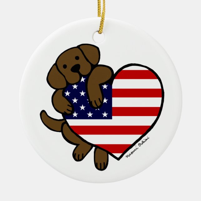 Chocolate Labrador & US Flag Heart 2 Cartoon Ceramic Ornament (Front)