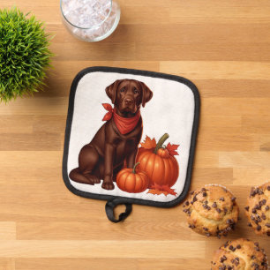 Chocolate Labrador with Red Bandana by Pumpkins Pot Holder