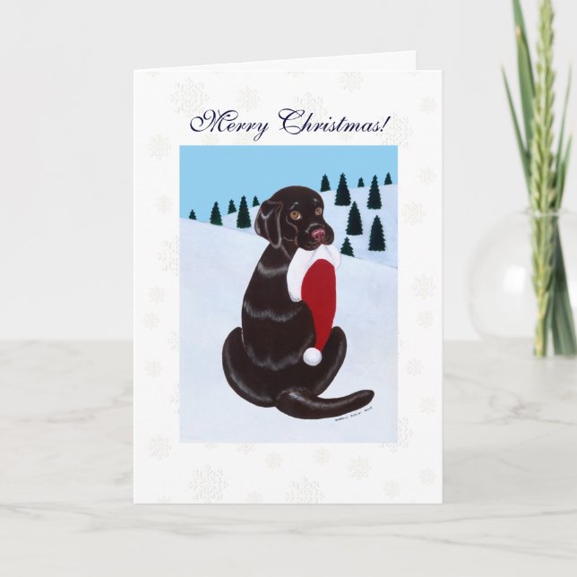 Chocolate Labrador  with Santa Hat Snowflake Holiday Card (Front)
