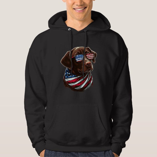 Chocolate Labrador With USA Sunglasses And Flag Hoodie (Front)