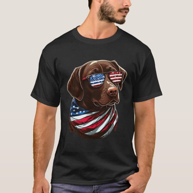 Chocolate Labrador With USA Sunglasses And Flag T-Shirt (Front)