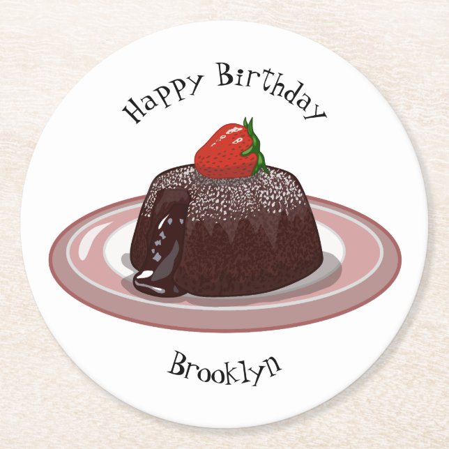 Chocolate lava cake cartoon illustration round paper coaster (Front)