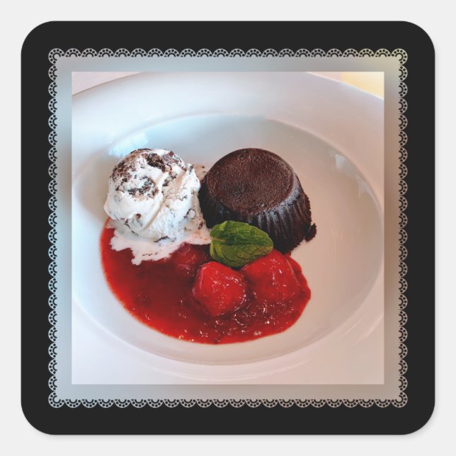 Chocolate Lava Cake - Strawberries and  Ice Cream Square Sticker (Front)