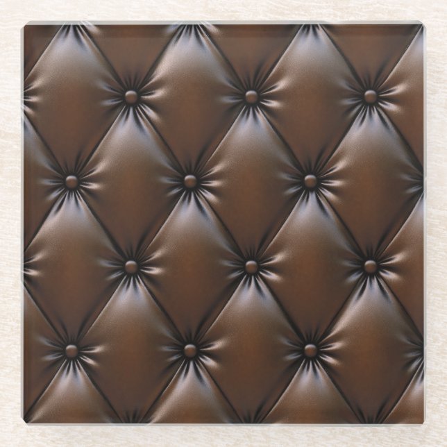 Chocolate Leather: Luxurious Upholstery Texture Glass Coaster (Front)