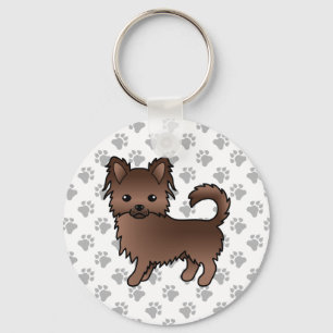 Chocolate Long Coat Chihuahua Cartoon Dog & Paws Keychain