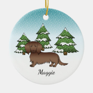 Chocolate Long Hair Cute Dachshund - Winter Forest Ceramic Ornament