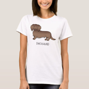 Chocolate Long Hair Dachshund Cartoon Dog & Text T-Shirt
