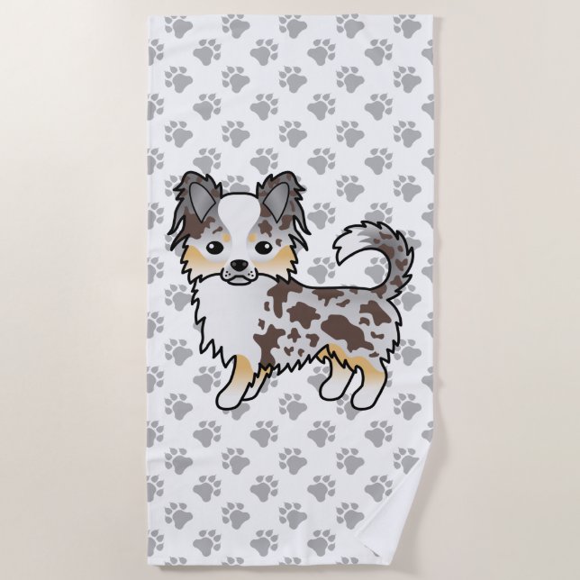 Chocolate Merle Long Coat Chihuahua Dog & Paws Beach Towel (Front)