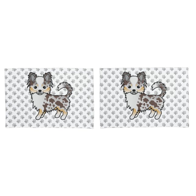 Chocolate Merle Long Coat Chihuahua Dog & Paws Pillowcase (Front-Set)