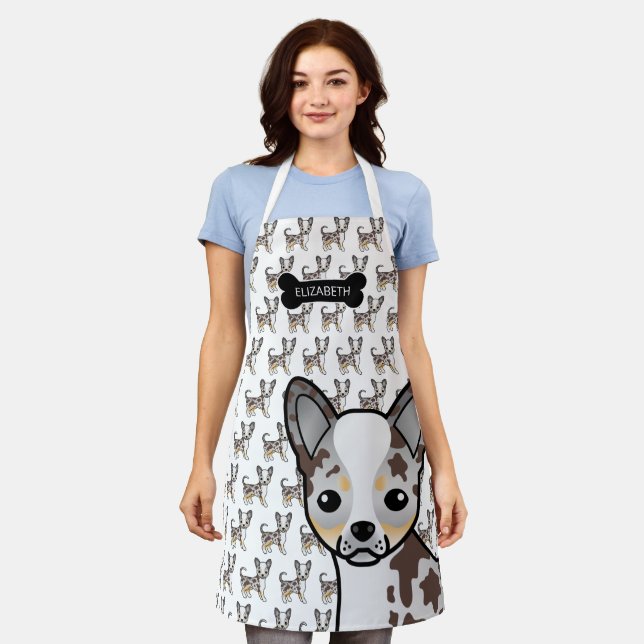 Chocolate Merle Smooth Coat Chihuahua Dog & Name Apron (Worn)