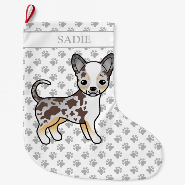 Chocolate Merle Smooth Coat Chihuahua Dog & Name Large Christmas Stocking (Front)