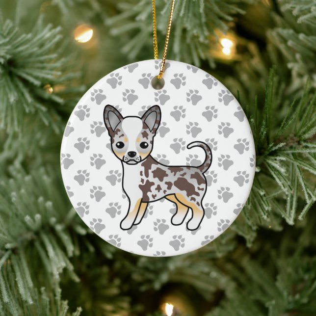 Chocolate Merle Smooth Coat Chihuahua Dog & Paws Ceramic Ornament (Tree)