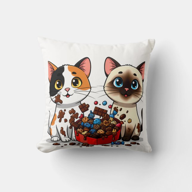 Chocolate Mess Cats Throw Pillow (Front)