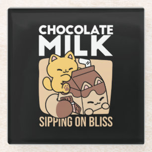 Chocolate Milk Sipping on Bliss – Kawaii Cat Food Glass Coaster