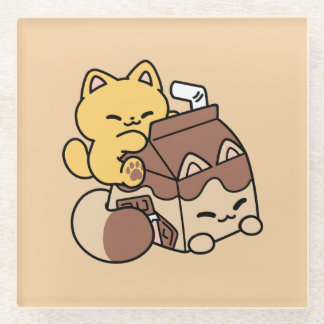 Chocolate Milk Sipping on Bliss – Kawaii Cat Food Glass Coaster