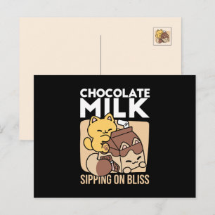 Chocolate Milk Sipping on Bliss – Kawaii Cat Food  Holiday Postcard