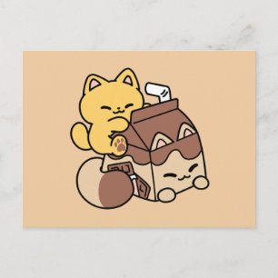 Chocolate Milk Sipping on Bliss – Kawaii Cat Food  Holiday Postcard