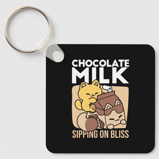 Chocolate Milk Sipping on Bliss – Kawaii Cat Food  Keychain (Front)