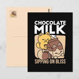 Chocolate Milk Sipping on Bliss – Kawaii Cat Food  Postcard