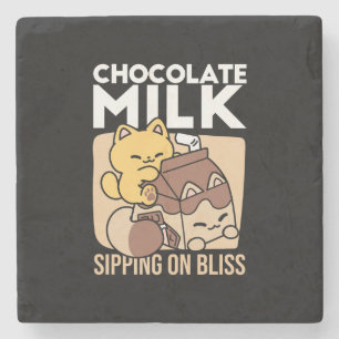 Chocolate Milk Sipping on Bliss – Kawaii Cat Food Stone Coaster