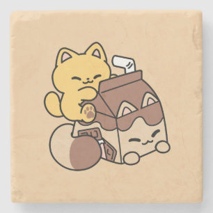 Chocolate Milk Sipping on Bliss – Kawaii Cat Food Stone Coaster