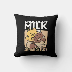 Chocolate Milk Sipping on Bliss – Kawaii Cat Food  Throw Pillow
