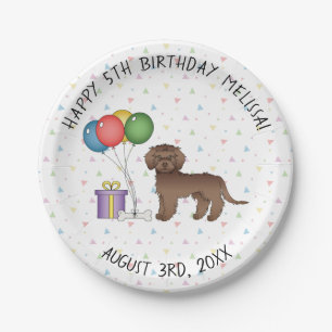 Chocolate Mini Goldendoodle Cartoon Dog Birthday Paper Plate