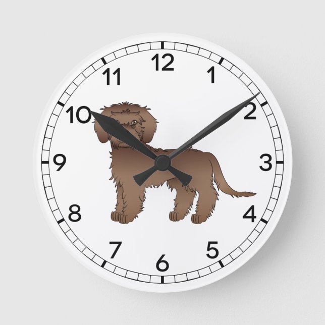 Chocolate Mini Goldendoodle Cute Cartoon Dog Round Clock (Front)