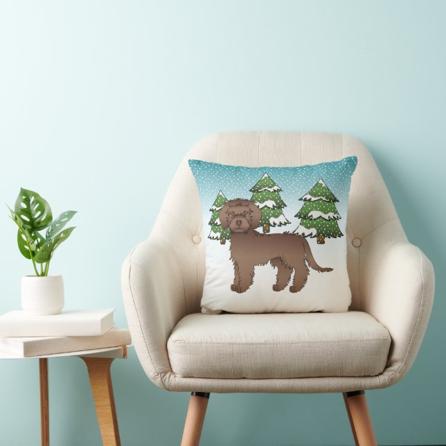 Chocolate Mini Goldendoodle Dog In A Winter Forest Throw Pillow (Chair)