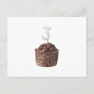 Chocolate muffin with birthday candle for three postcard
