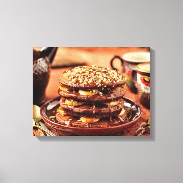 Chocolate Pancakes with Bananas and Caramel Canvas Print (Front)