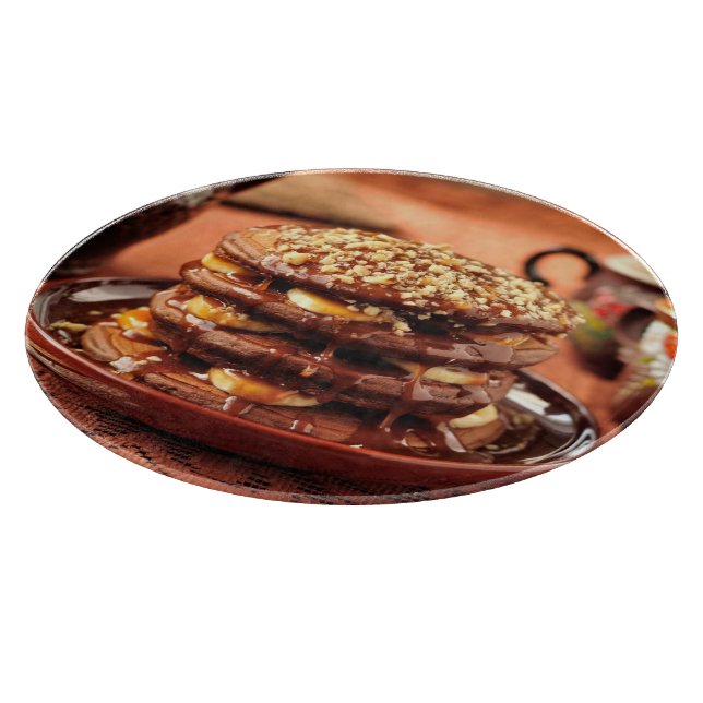 Chocolate Pancakes with Bananas and Caramel Cutting Board (Corner)