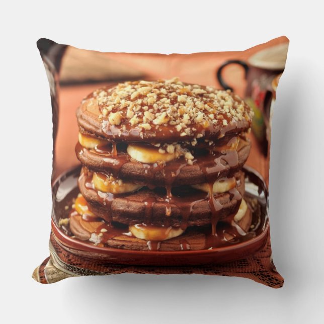 Chocolate Pancakes with Bananas and Caramel Throw Pillow (Front)
