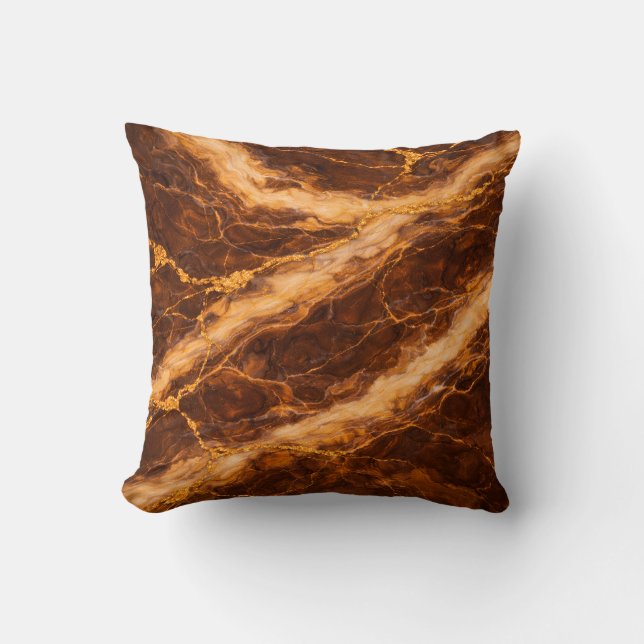 Chocolate Peanut Butter Marble with Gold Veining Throw Pillow (Front)