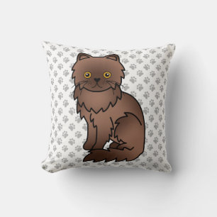 Chocolate Persian Cute Cartoon Cat & Paws Throw Pillow