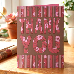Chocolate & Pink Flowers And Stripes Thank You Card