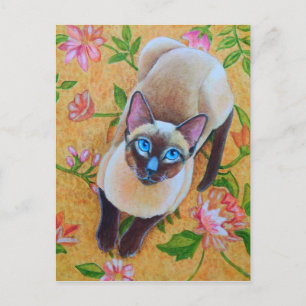 Chocolate Point Siamese Cat on Floral Rug Postcard