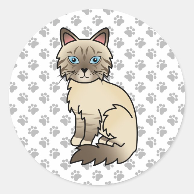 Chocolate Point Tabby Birman /Ragdoll Cat & Paws Classic Round Sticker (Front)