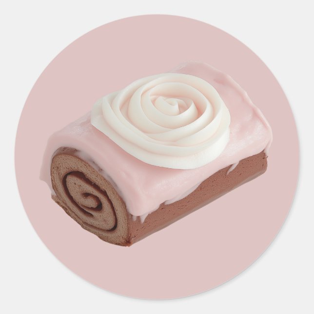  Chocolate Roll Cake with Pink Frosting Classic Round Sticker (Front)