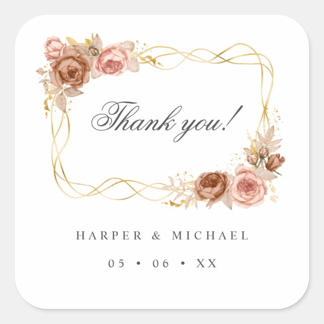 chocolate roses blush pink wedding thank you square sticker (Front)