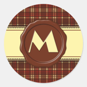 Chocolate Shop Monogram -Red Brown Plaid - M Classic Round Sticker