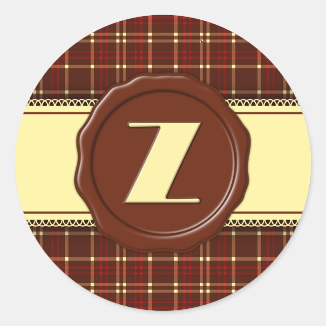 Chocolate Shop Monogram -Red Brown Plaid - Z Classic Round Sticker (Front)