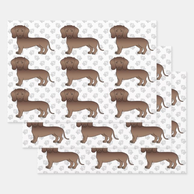 Chocolate Short Hair Dachshund Cartoon Dog Pattern Wrapping Paper Sheet (Set)