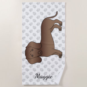 Chocolate Short Hair Dachshund Cartoon Dog & Paws Beach Towel